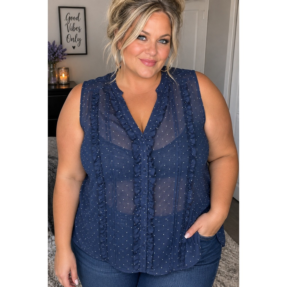 Torrid Navy Blue Polka Dot Ruffle Pintuck Sheer Sleeveless Blouse Plus Size 3 3X